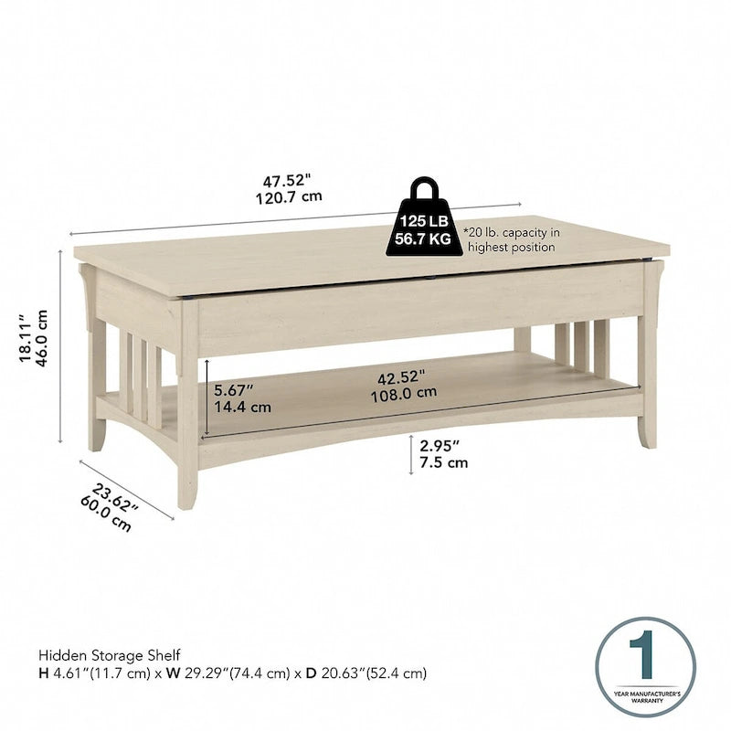 Table basse à plateau relevable avec rangement, blanc antique / gris Cape Cod, simple